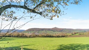 Paesaggio rurale con un prato erboso, un ramo d'albero in primo piano e una collina con edifici sparsi in lontananza.