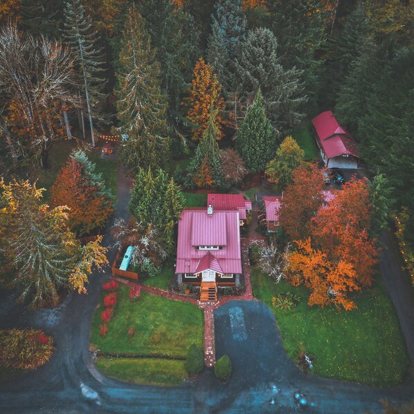 Vista aérea de una zona residencial con una casa destacada, de techo rojo, rodeada de árboles con follaje otoñal.
