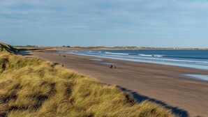 A beach with a wide sandy shore, grassy dunes, and a clear blue sky. - 4 Bed in Alnwick (oc-80484) (Newton-by-the-Sea)