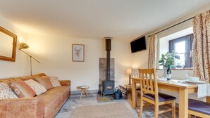 Een gezellige woonkamer met een bank, een eettafel met stoelen, een open haard, een aan de muur bevestigde televisie en een raam met gordijnen.