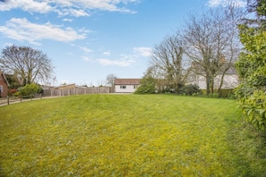 A residential backyard with a lawn, a wooden fence, and a house in the background.