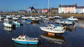 Un puerto deportivo con varias embarcaciones amarradas, rodeado de edificios coloridos.