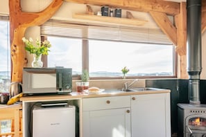A kitchen with a built-in microwave, refrigerator, sink, and a wood-burning stove. - 1 Bed in Newton In Bowland (oc-h34064) (Newton)