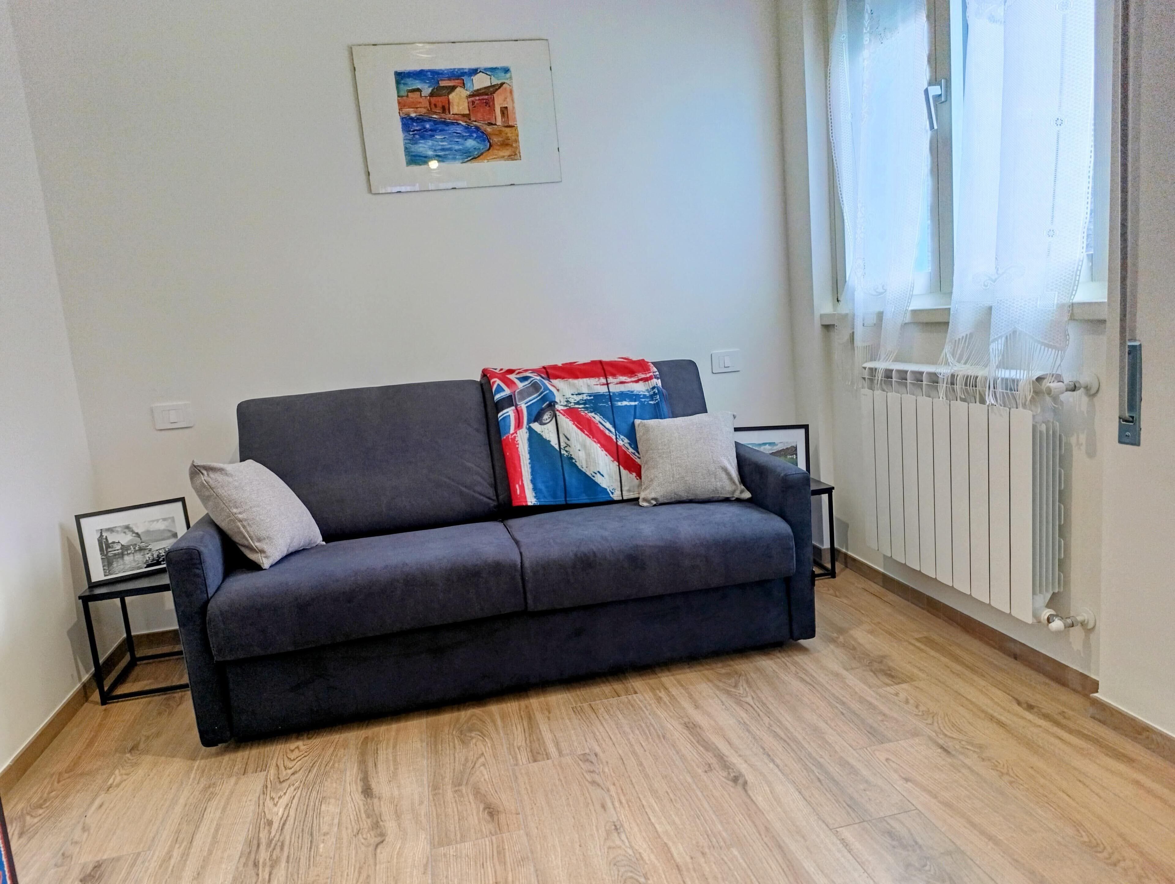En moderne stue med en mørkegrå sofa, to puder, et billede i ramme på væggen og en radiator.