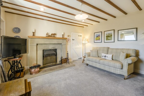 A living room with a fireplace, a television, a sofa, and a lamp. - 4 Bed in Low Row (oc-h34097) (Crackpot)