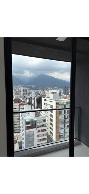 Vista de la ciudad desde un balcón, con edificios modernos y una montaña al fondo.