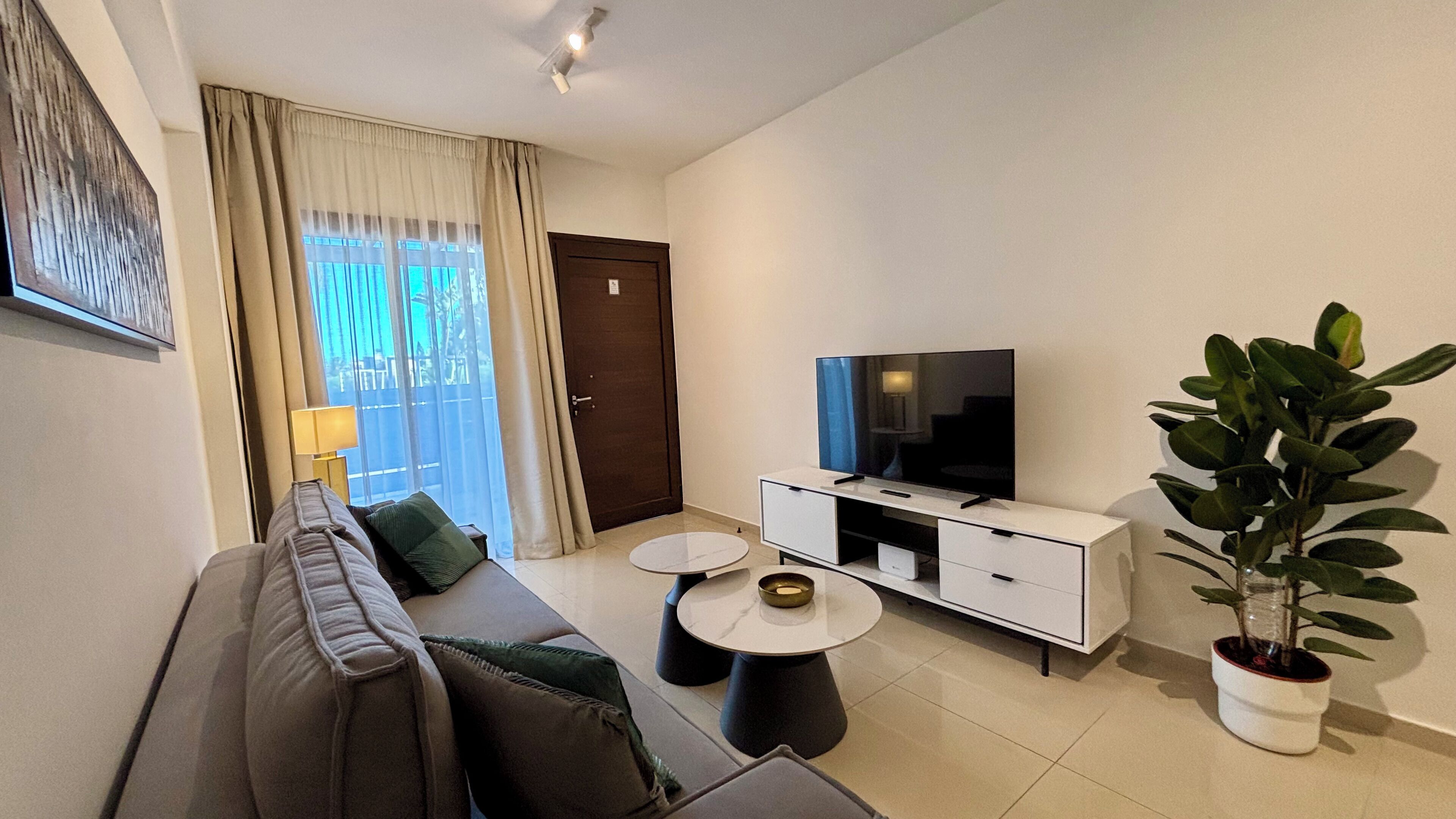 A modern living room with a sofa, a coffee table, a TV on a white cabinet, a potted plant, and a door leading to a balcony.
