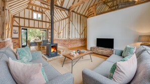 Een gezellige woonkamer met een open haard, een televisie en comfortabele zitplaatsen.