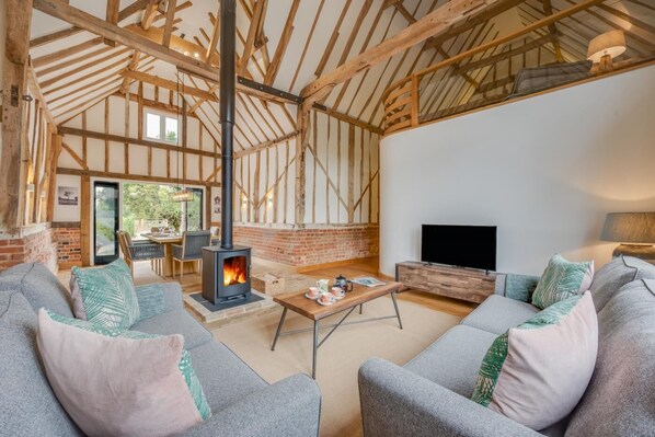 Un salon chaleureux avec une cheminée, un téléviseur et des fauteuils confortables.