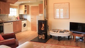 Una sala de estar con sofá, reposapiés y chimenea. Hay un televisor y una alfombra en el suelo.