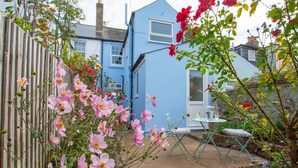 Un jardin avec des fleurs roses, une maison bleue et une petite table entourée de chaises.