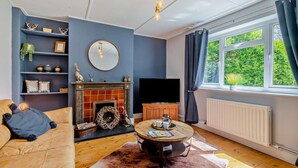 Un salon avec une cheminée, un téléviseur et une fenêtre avec des rideaux.