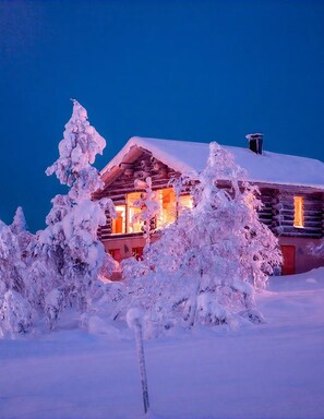 Eine Blockhütte mit schneebedecktem Dach und Fenstern, umgeben von mit Schnee beladenen Bäumen.