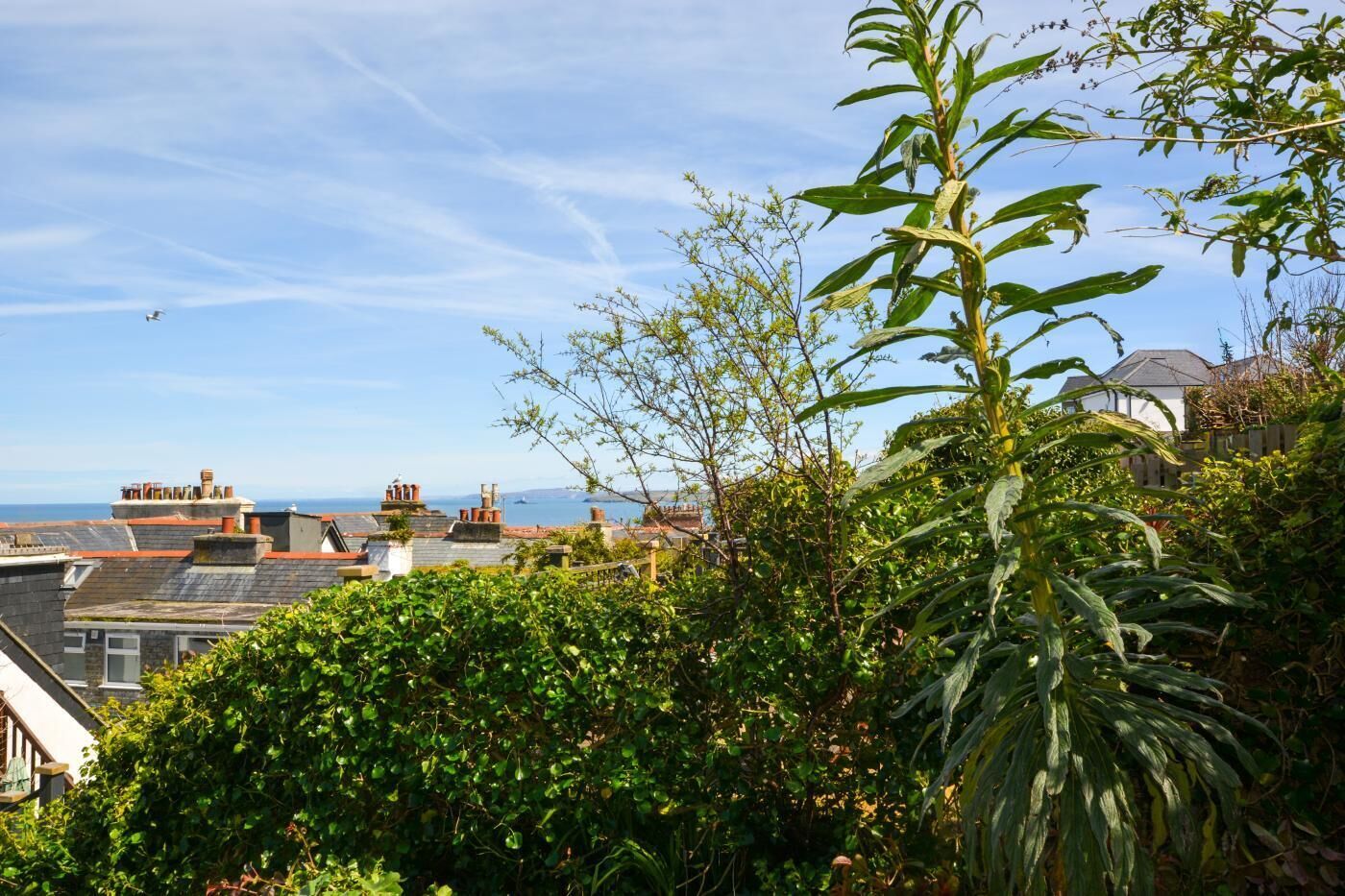 Zona residencial con casas, cielo despejado y vista al mar.