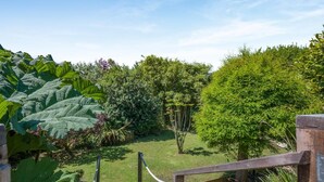 Ein Garten mit Holzzaun, Rasenfläche und unterschiedlichen Pflanzen.