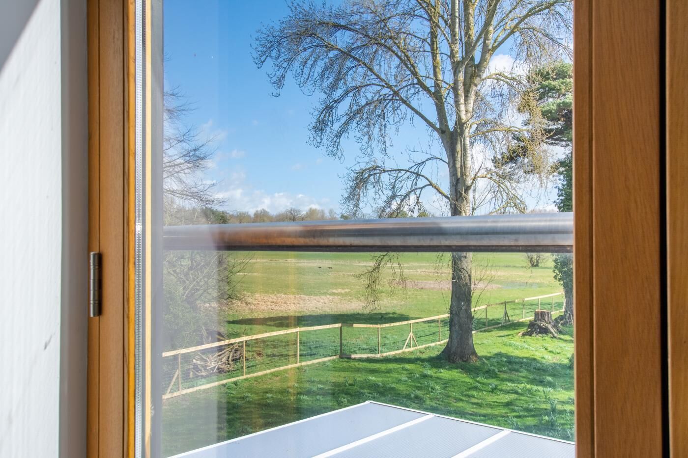 Une vue à travers une porte vitrée, avec une rambarde en métal, donnant sur un espace extérieur verdoyant, agrémenté d’arbres et d’une clôture.