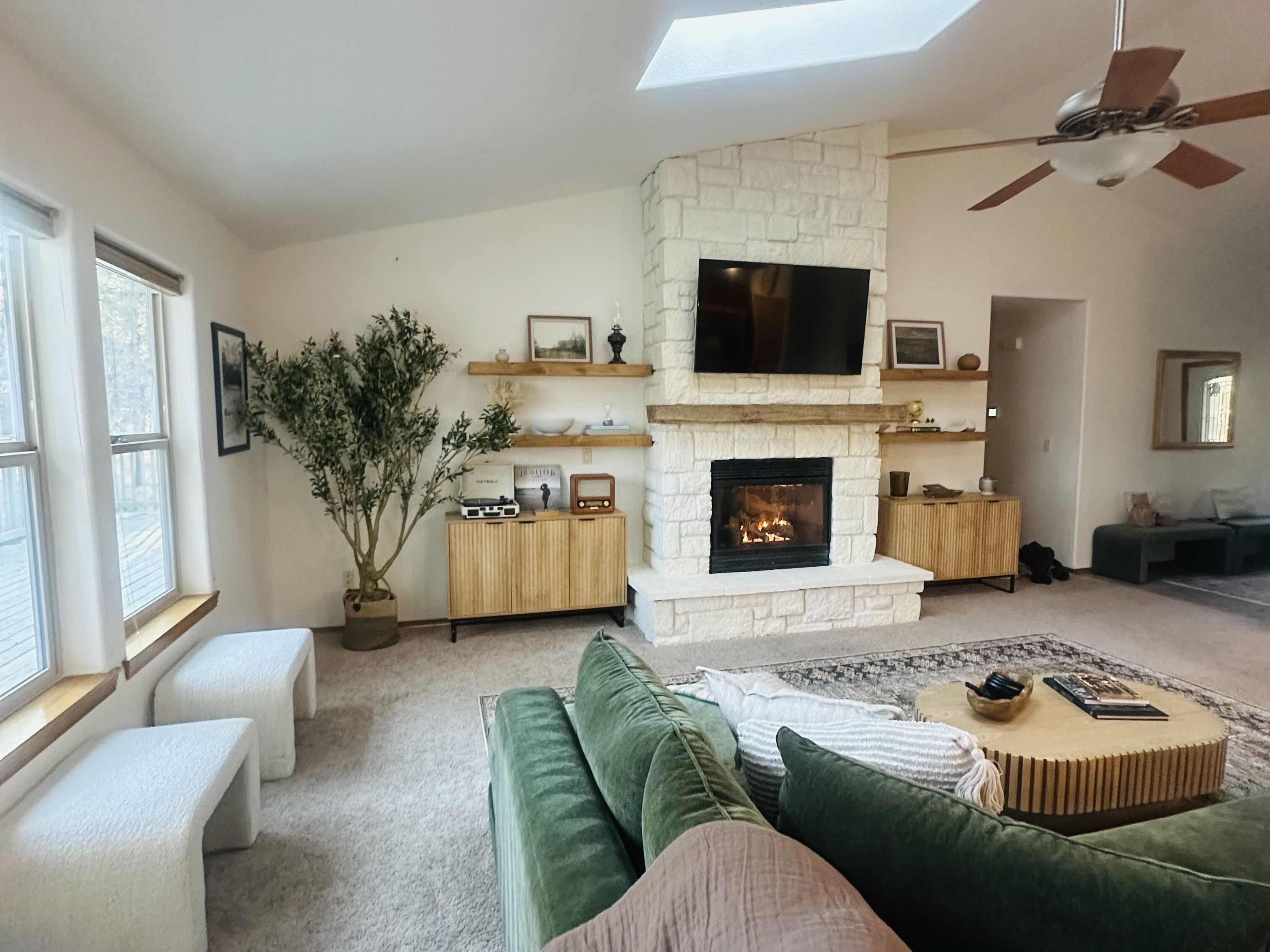 Smart TV, fireplace, books