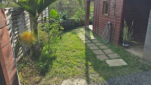 Un jardin avec une clôture en bois, un palmier et une plante en pot.