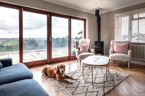 Ein geräumiges Wohnzimmer mit einer großen Schiebeglaswand, einem schwarzen Kaminofen, zwei Sesseln, einem Couchtisch und einem Hund, der auf dem Boden liegt.