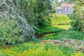 Ein üppiger Garten mit einem Bach, dichtem Grün und einem Steinhaus im Hintergrund.