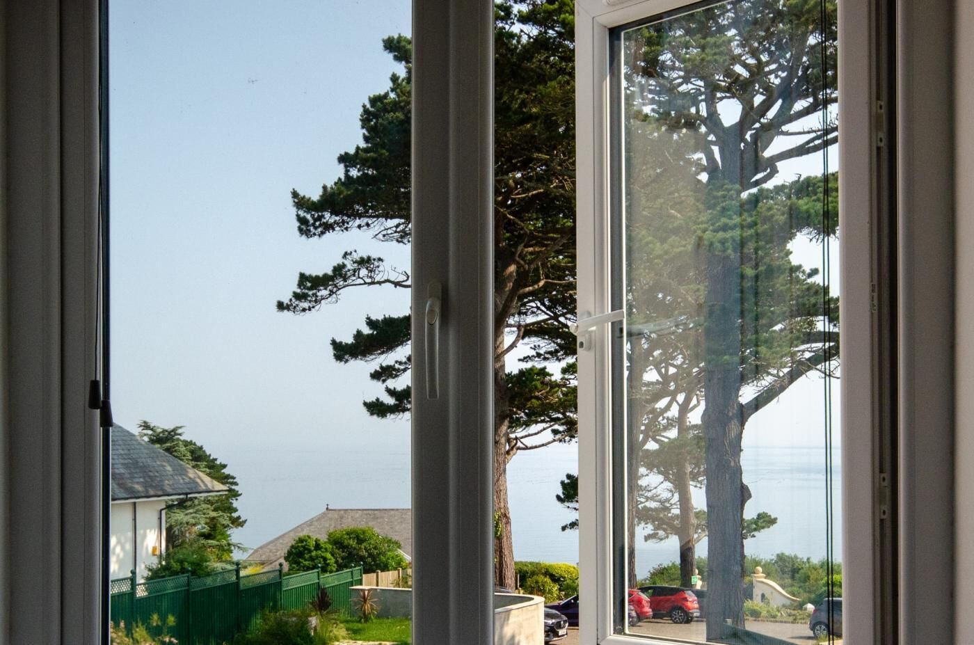 A view through a window with a clear sky, a large tree, and a distant building.