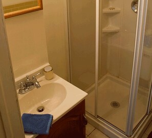 Chuveiro, secador de cabelo, toalhas de banho 