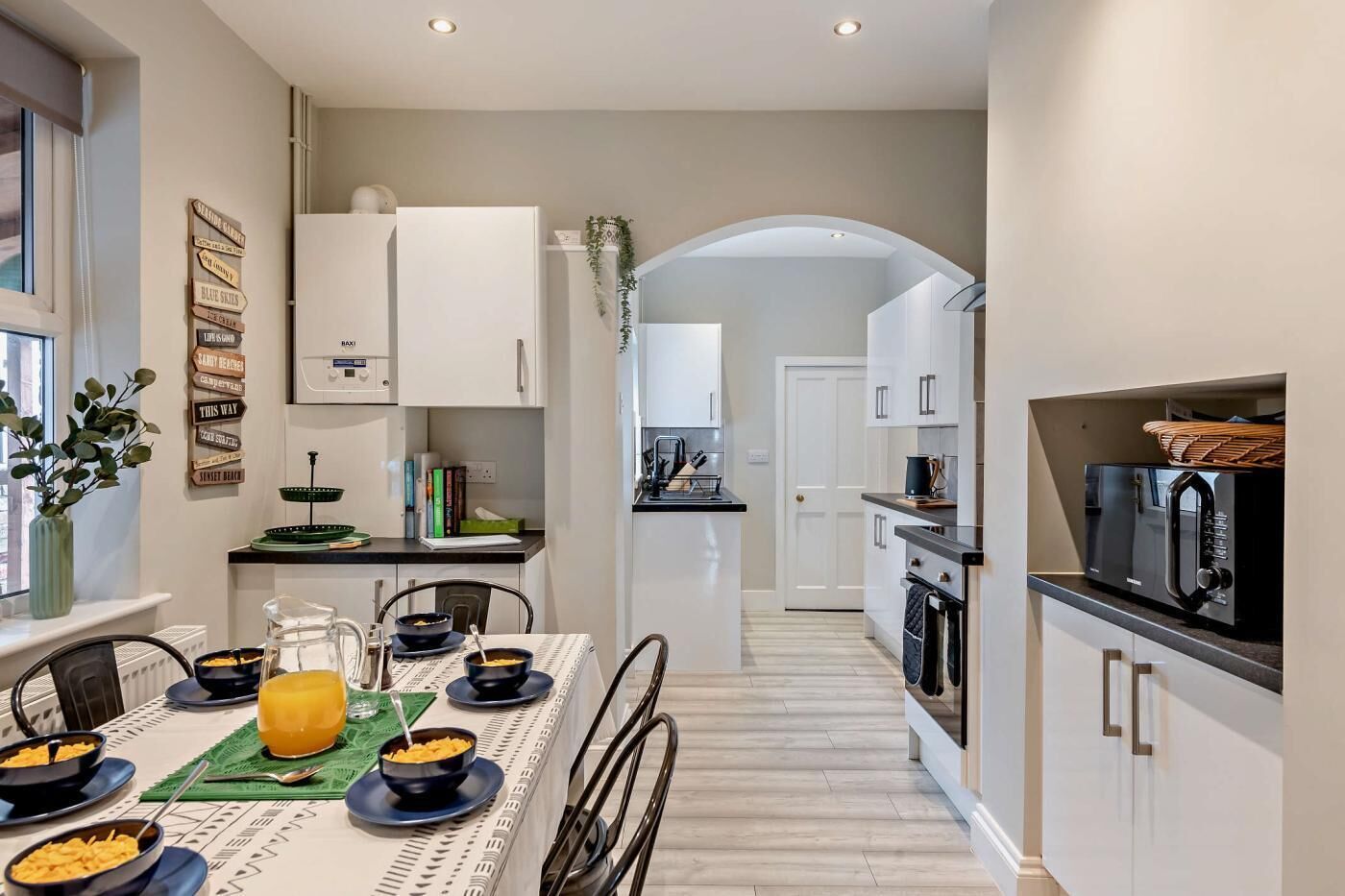 Microwave, oven, dishwasher, high chair