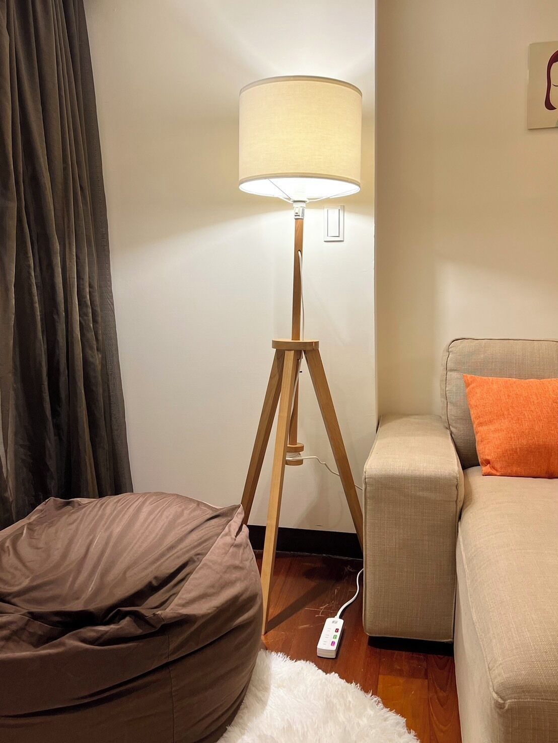 A room with a floor lamp, a bean bag chair, a sofa, and a white rug.