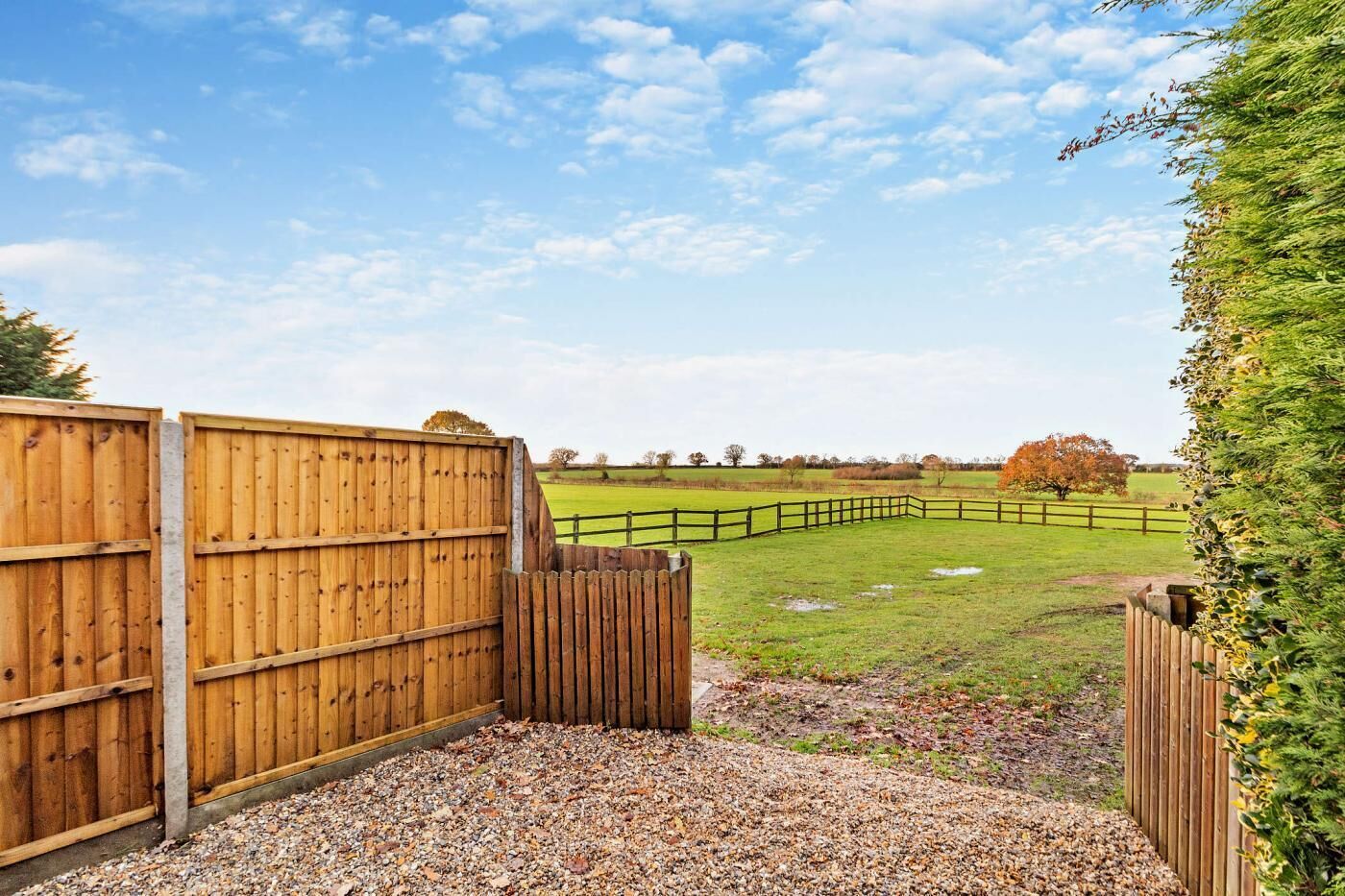 A wooden gate leading to a fenced field with a gravel path.
