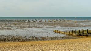 Une zone côtière caractérisée par une plage de galets, des brise-lames en bois et une vue lointaine sur la mer.