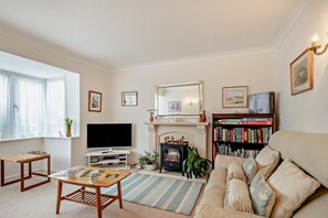 A living room with a fireplace, a television, a sofa, a bookshelf, and a window with curtains.