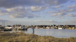 Un port de plaisance avec des bateaux amarrés, une personne se tenant près de l’eau et des bâtiments en arrière-plan.