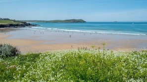 A beach with people, grassy areas, and hills in the background.