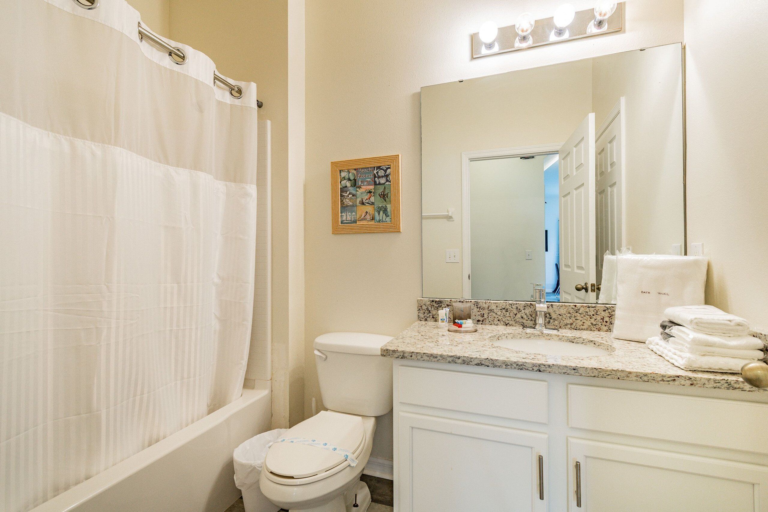A bathroom with a shower curtain, toilet, sink with a mirror, and a framed picture on the wall.