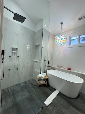 Hair dryer, towels, soap, toilet paper