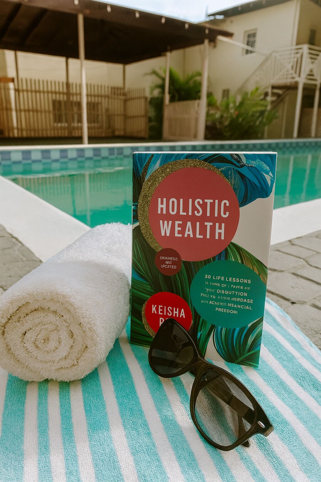 En bog med titlen "Holistisk Velstand" af Keisha R. ligger på et håndklæde sammen med solbriller ved en pool.