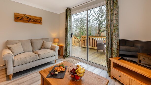 A living room with a sofa, a coffee table with snacks, a TV, and a sliding glass door leading to an outdoor deck. - 1 Bed in Beaworthy (oc-h28859) (Highampton)
