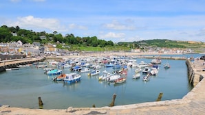 A harbor with numerous boats docked, a stone quay, and buildings in the background. - 3 Bed in Upottery (oc-t28828) (Upottery)