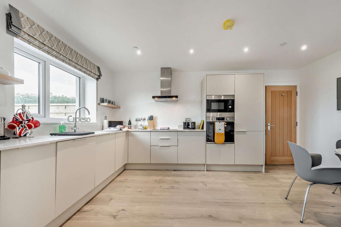 Microwave, oven, high chair, cookware/dishes/utensils