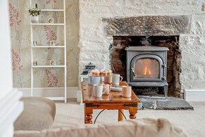 A cozy living room with a fireplace, a bookshelf, and a coffee table with mugs and pastries.