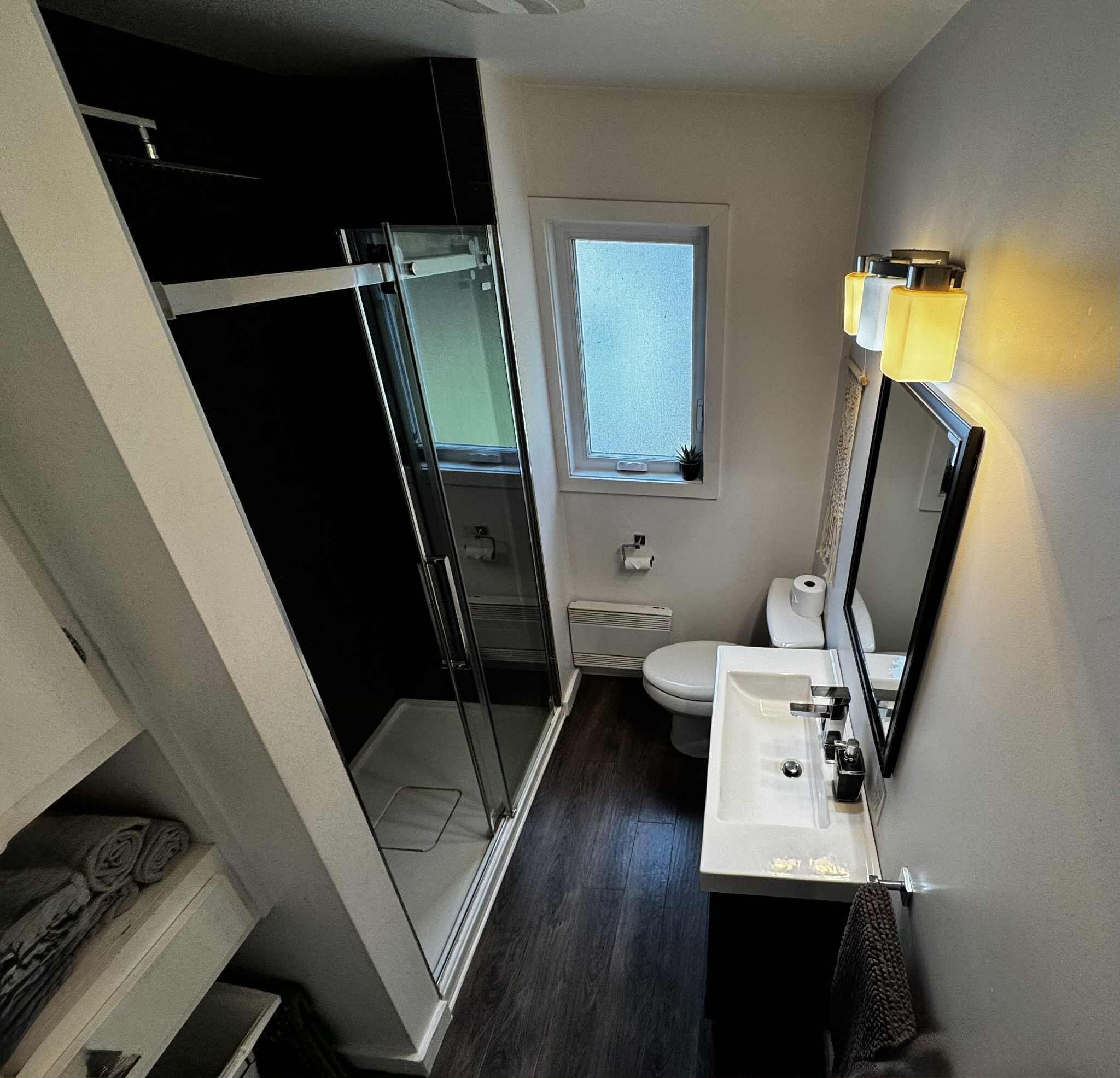 Shower, hair dryer, towels, toilet paper