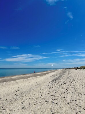 A wide sandy beach with a clear blue sky and calm sea.
