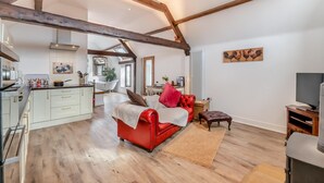 Un espacio habitable amplio con un sofá rojo, un televisor y una cocina al fondo.