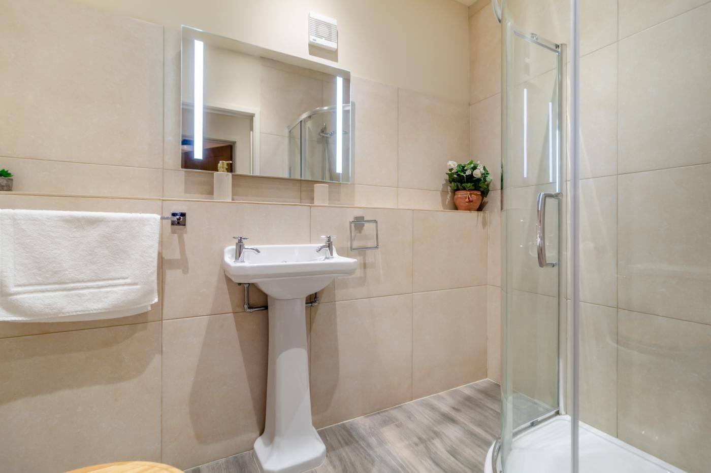 Un bagno moderno con un lavandino su piedistallo, box doccia in vetro e una pianta in vaso.