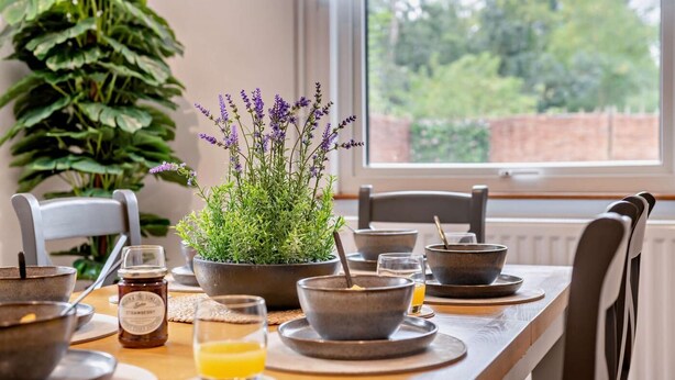 Una mesa de comedor con una planta en maceta, cuencos y un vaso de jugo de naranja.