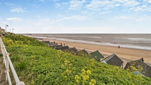 Une vue sur la côte, avec une plage, une promenade bordée de végétation luxuriante et un ciel dégagé.