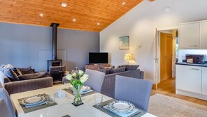 Ein modernes Wohnzimmer mit Holzboden, Kamin, Fernseher und Essbereich mit Tisch für zwei Personen.