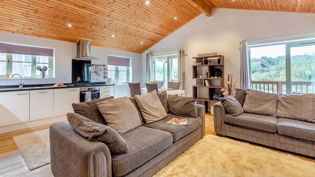 Ein gemütliches Wohnzimmer mit zwei Sofas, einer Küchenzeile und einem Bücherregal.