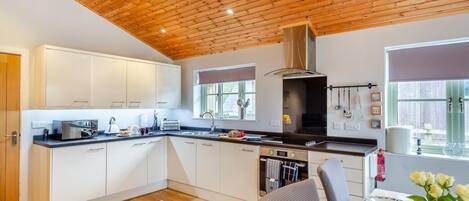 Een oven, een vaatwasser, kookgerei, borden en bestek