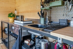 Microwave, highchair, cookware/dishes/utensils